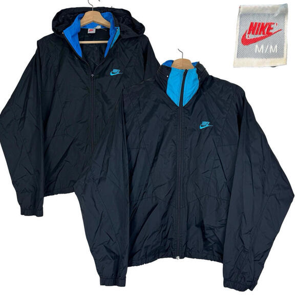 Vintage 1980s Nike Jacket Mens M Windbreaker Full Zip Boxy Fit Convertible Hood - Picture 1 of 11